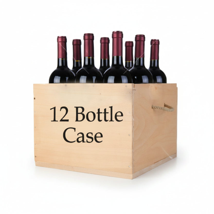 Wooden crate with 12 bottles of red wine on a white background